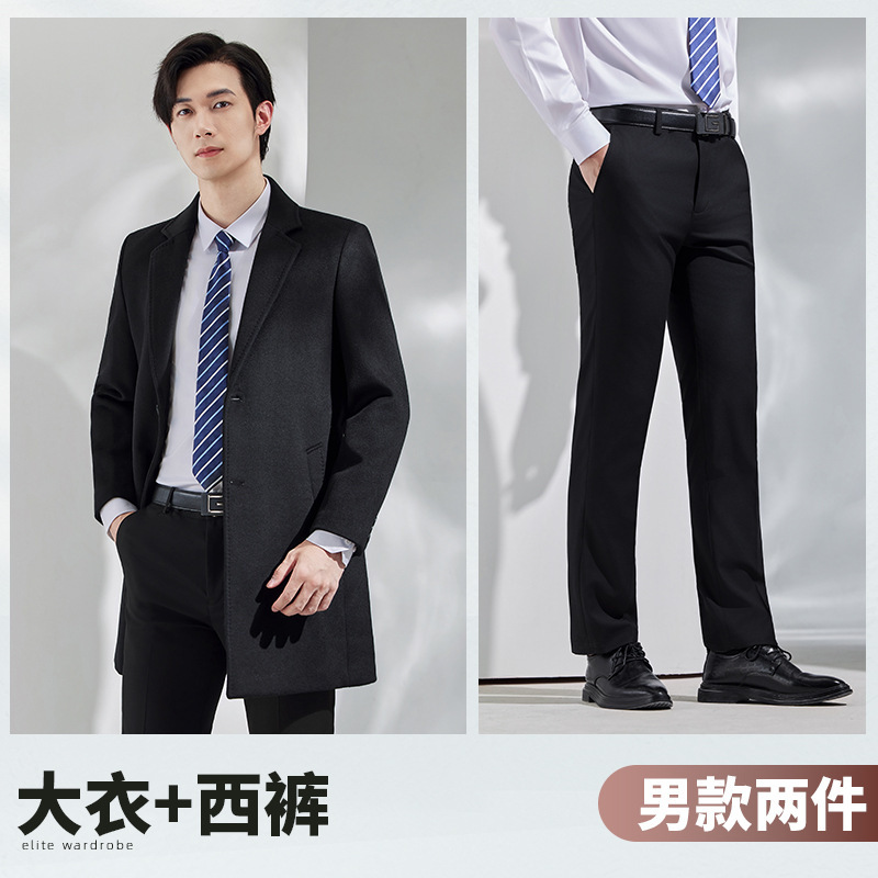 (Men's black overcoat and black trousers)