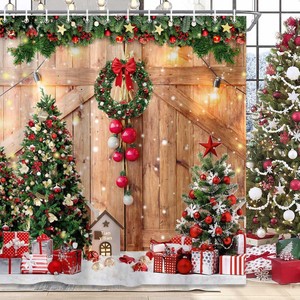 シャワーカーテン浴室バスカーテン冬クリスマスツリーデザイン木製納屋ドアパターン厚みのあるポリエステルシャワーカーテン - Product Image 3
