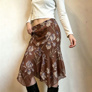 Vintage Digital Print Breathable Irregular Midi Skirt <b>Asymmetrical</b> <b>Hem</b> - Product Image 1