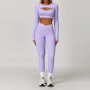 Hollow Out Design Naadloze Yoga Set Lange Mouwen Crop Top Hoge Taille Leggings Yoga Set Sport Outfit voor Gym <span class=keywords><strong>Workout</strong></span> - Product Image 3