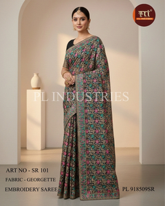 Sari en Georgette et Lin Pastel de Qualité Supérieure avec Broderie Lourde, Design Moderne pour le Bureau, les Fêtes, les Festivals et Toutes les Saisons - Product Image 2