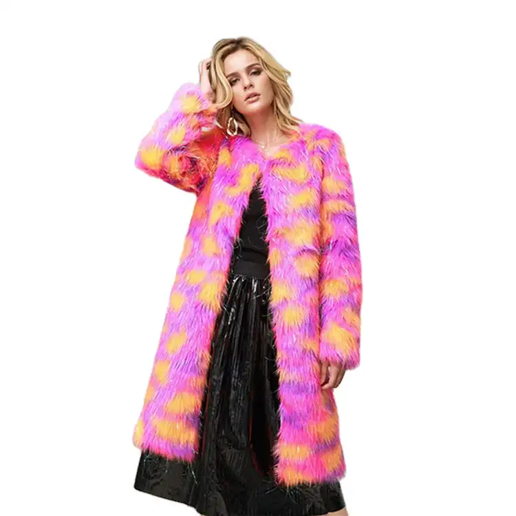 Luxury Plus Size Sized Coats Jacket Woman Ladies Shaggy Long Women's Faux Women Color Block Fur Coat