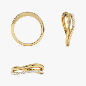 Bague double en or 14 carats, design ondulé, bague de luxe sertie de diamants, or massif jaune, blanc, rose, diamants naturels, plaqué rhodium, certifiée - Product Image 4