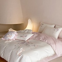 Parure de lit 4 pièces en coton longues fibres 100S rose premium, brodée motif végétal européen, 300 fils/cm²