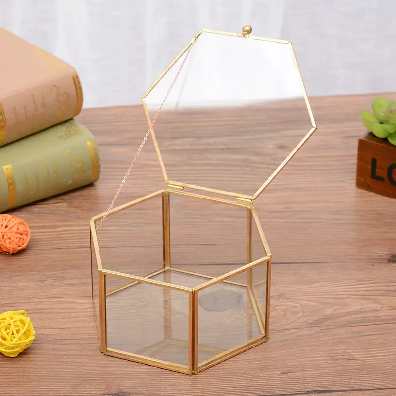 Hecho a mano hermoso hexagonal transparente geométrica caja de la baratija de joyería de vidrio caja de almacenamiento de vidrio de oro caja de