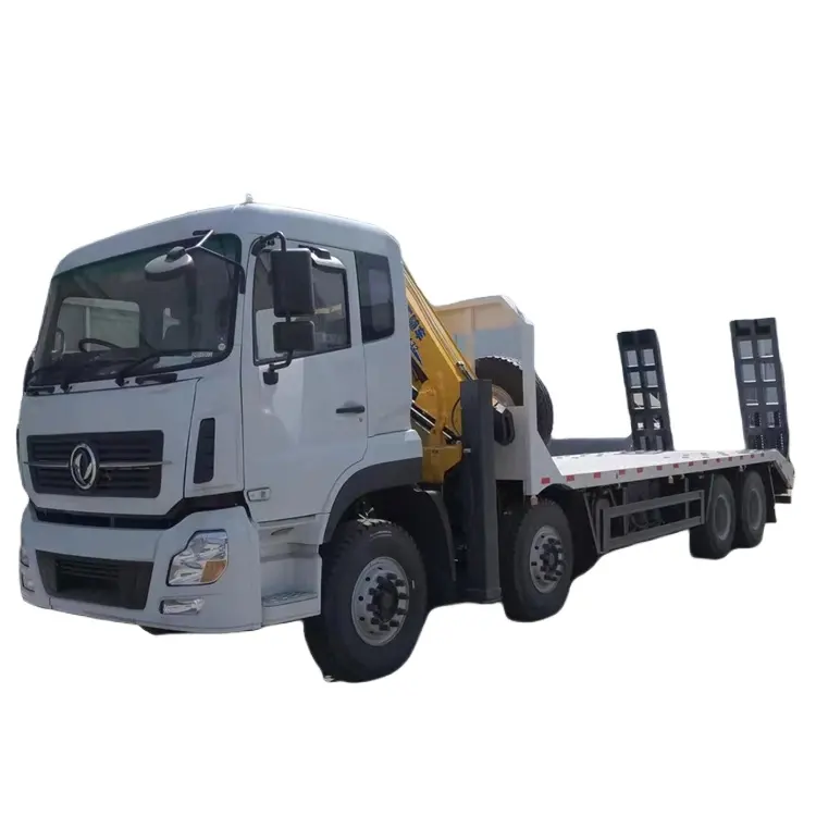 Dongfeng 350 HP 8.5-meter board length flatbed truck with a 11 ton winch and Equipped with XCMG6.3 ton folding arm crane