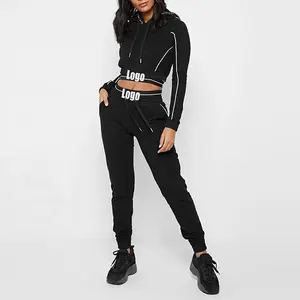 Custom Latest Design 2 Piece Set Long Sleeve Crop Top Hoodie Sport Fitted Women Plain Tracksuit