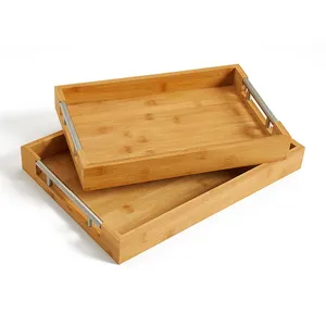 Good Design Bamboo Ottoman Serving Tray with Metal Handles for Food Breakfast