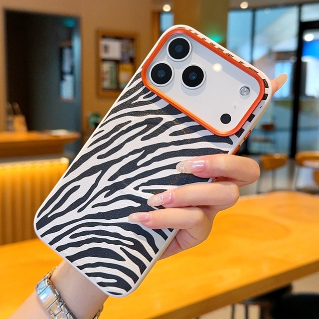 Orange Large Hole Lens PU Leather Zebra Stripe Magnetic Wireless Charge Phone Case for 17 Pro Max 18 16 Plus Pro Max 16