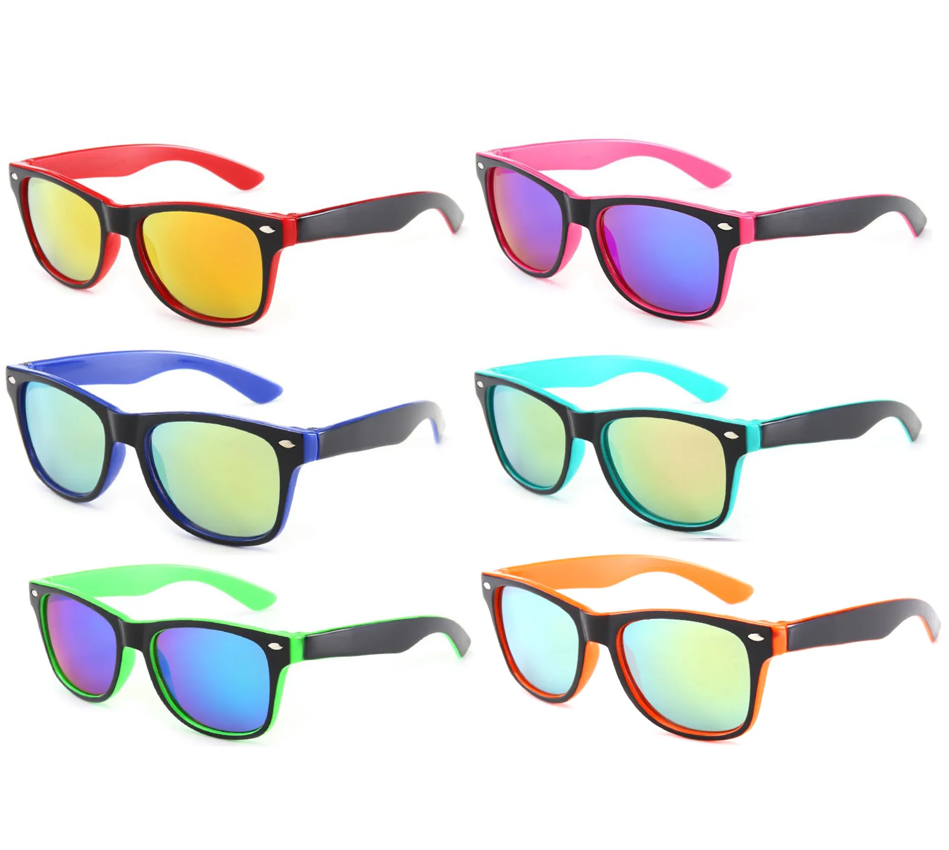 Wholesale PC sunglasses, tow-tone mirror lens sunglasses ,cheap plastic hinge sunglasses unisex UV protection.