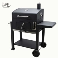 Barbecue à charbon de bois robuste et moderne avec chariot en acier thermolaqué, étagère latérale et support de rangement pour jardin, terrasse et camping
