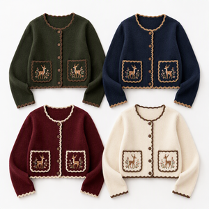 <span class=keywords><strong>Cardigan</strong></span> court personnalisé pour femme, broderie florale cerf, poche plaquée, bordure festonnée, boutonnage, manches longues, vente en gros OEM en vrac - Product Image 5