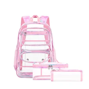 3 개 투명 배낭 투명 학교 배낭 PVC 투명 책가방 점심 가방 필통 경기장 어린이 소녀 노트북 가방