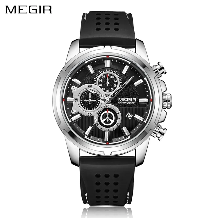 MEGIR 2101 Men's Quartz Black Sports Watch 3atm Waterproof Silicone Wrist Watch Watches Chronograph Men