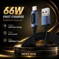 Kabel Data Pengisian Cepat 66W 6A Tipe C dengan Layar LED, Jalinan Nilon untuk Ponsel dan Tablet