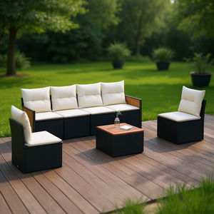 Ensemble de canapé de jardin en rotin noir avec coussins crème, 4 places, mobilier d'extérieur, design contemporain, résistant aux intempéries, en teck - Product Image 2