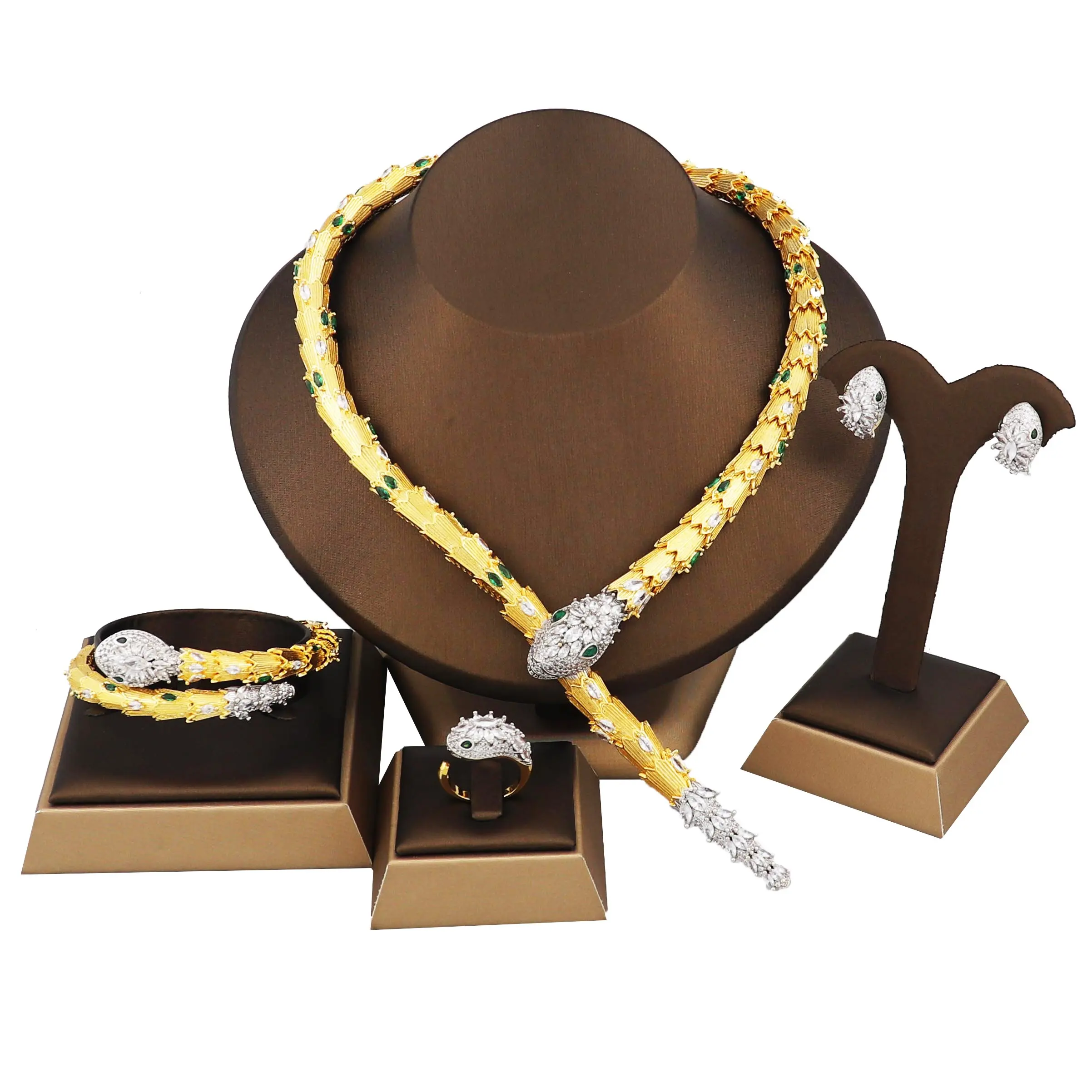 Conjunto de 4 piezas de joyería de lujo, Circonia cúbica, serpiente chapada en oro de 18k