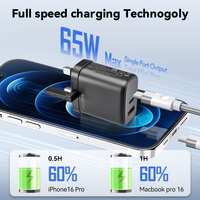 Pengisi Daya Cepat Ponsel & Laptop 65W 2-Port USB-C Lipat dengan Colokan UK, Dilengkapi QC3.0 & PD3.0, Pengisi Daya PD Portabel
