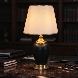 Black Ceramic <strong>Table</strong> Lamp with Brass Base Fabric Lampshade Modern Decorative Warm <strong>Light</strong> for Bedroom Living Room Office Study Home - Product Image 2