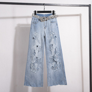 Venta al por Mayor Boutique Verano 2026 Nuevos Vaqueros de Mujer de Pierna Ancha, Cintura Alta, Efecto Reductor con Bordado de Encaje a la <span class=keywords><strong>Moda</strong></span> - Product Image 1