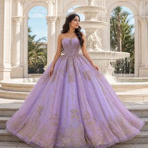 ชุดราตรีงาน Quinceanera แบบยาวลากพื้นประดับเลื่อมลูกปัดคริสตัลตกแต่งด้วยผ้าปักลายฉลุ  ทรงเอ็มไพร์  พร้อมชายกระโปรงยาวแบบ Chapel Train รุ่น 6999 Bling Strapless - Product Image 1