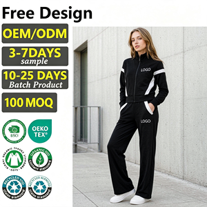 Conjunto de 2 piezas de ropa de descanso personalizado para mujer, color negro, top con cremallera completa y cuello alto, pantalones de pierna ancha, chándal deportivo - Product Image 1
