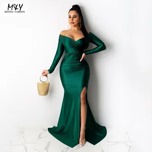 Mulheres Primavera Plus Size Moda Cetim Vestido de noite manga comprida personalidade Sexy Split Lady Elegante jantar prom Vestido Longo