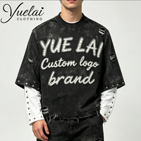 T-shirts amples et carrés 100 % coton avec logo personnalisé, manches longues double épaisseur, ourlet effiloché et déchiré, streetwear tendance pour hommes
