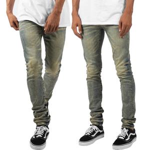 กางเกงยีนส์สกินนี่ผ้ายืดสีน้ำเงินฟอกสไตล์วินเทจขาดๆ แบบคัสตอมคุณภาพสูงสำหรับผู้ชาย - Product Image 1