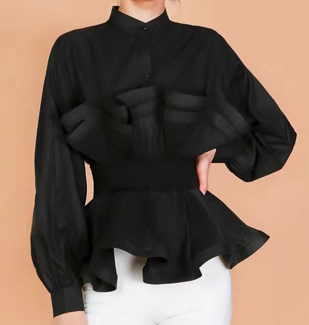 Женская кружевная блузка с длинным рукавом, плиссированная шифоновая блузка с оборками, элегантная офисная блузка с зауженной талией, осень 2021