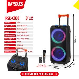 RAYSOUNDS ダブル8インチサブウーファー 40W 7.4V4500MAHバッテリー ワイヤレスマイク付き プルロッドとユニバーサルホイール搭載 パーティーカラオケ用 - Product Image 5