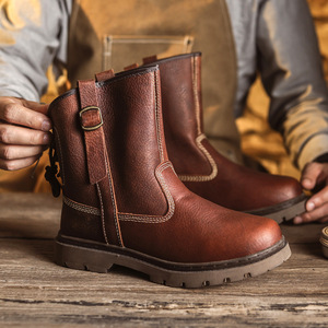 Botas de Hombre de Cuero Genuino Marrón, Punta Redonda, Correa con Hebilla, Suela de Goma, Zapatos para Caminar para Todas las Temporadas - Product Image 4