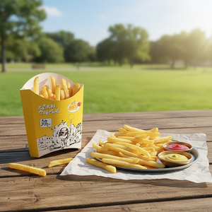 Boîtes d'emballage alimentaire uniques et biodégradables haut de gamme pour frites de restauration rapide, en carton recyclé, couleur fixe, avec logo, vente en gros - Product Image 1