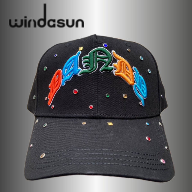 2026 New Gorras Factory Wholesale Black American Retro Gothic Graffiti Baseball Cap with Colorful Rhinestones Suede Under Brim