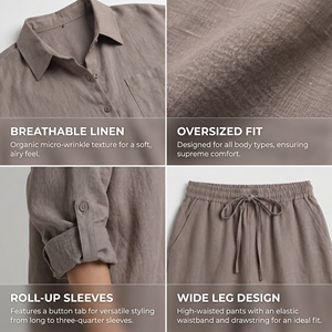 Abito di <span class=keywords><strong>lino</strong></span> da <span class=keywords><strong>donna</strong></span> alla moda blusa di <span class=keywords><strong>lino</strong></span> <span class=keywords><strong>100</strong></span>% <span class=keywords><strong>pantaloni</strong></span> Casual temperamento semplice traspirante top protezione solare maniche solide - Product Image 4