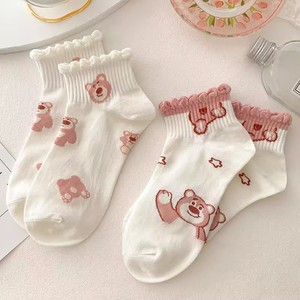 Women Ankle Socks Cotton Breathable Sweat Absorbing Cute Bear Strawberry Pattern White Pink Student Boat Socks <b>Spring</b> Autumn - Product Image 3
