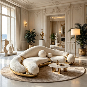 Divano Curvo in Bouclé Crema con Telaio in Fibra di Vetro Color Oro per Spazi Abitativi Moderni - Product Image 3