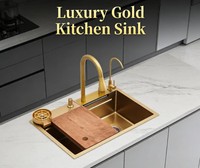 Évier de cuisine professionnel en acier inoxydable 304 doré avec planche à découper en bois, passoire et double robinet – Fournisseur OEM/ODM B2B