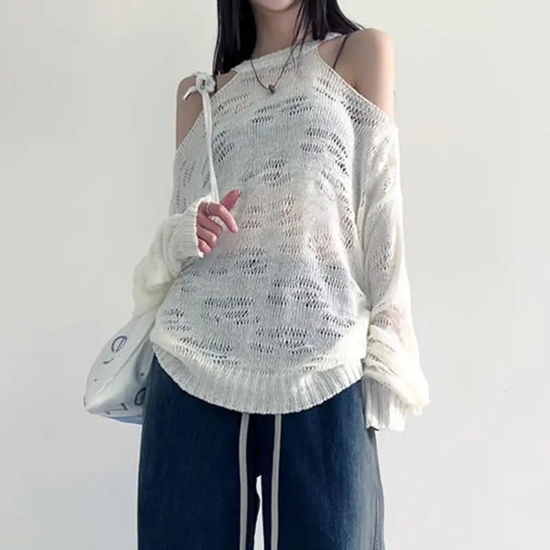 Baggy style personalized cut-out design ripped round neck blouse fashion women slimming sweater