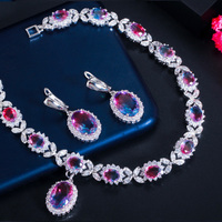 Elegante Juego de Collar y Aretes de Cristal de Circonita Cúbica con Forma de Hoja Ovalada Arcoíris Místico para Mujer, Joyería para Fiesta de Noche, Regalo