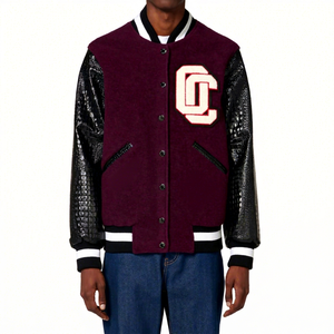 Chaqueta Varsity Marrón para Hombre, Mangas de Lona Negra, Logotipo Bordado, Cuello Alto, Corte Regular, Estilo Urbano Ecológico, Invierno - Product Image 1