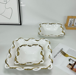 Juego de platos y cuencos cuadrados de <span class=keywords><strong>porcelana</strong></span> blanca de lujo ligera creativa con galvanoplastia dorada - Product Image 2