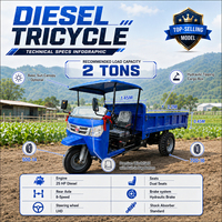 Tricycle de transport agricole diesel 25 CV, 2 tonnes, à benne hydraulique basculante, trois roues, avec deux sièges - Vente en gros