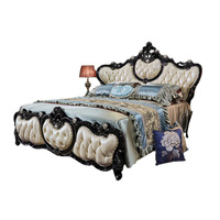 Europäischer Stil Massivholz-Eichen-Doppelbett mit Hohem Kopfteil, 18-Meter-Brautbett, Kingsize, Luxuriös, Ebenholzfarben, Geschnitzt & Bestickt