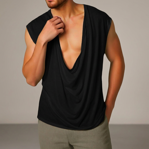 Men's Solid <b>Black</b> Sleeveless V-Neck <b>Tank</b> <b>Top</b> Casual Knitted Loose Fit Summer Wear - Product Image 2