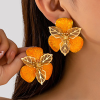 Perhiasan Fashion OEM/ODM Anting Bunga Stereo Tekstur Daun Oranye Anting Bunga Emas Daun Bunga Enamel Oranye