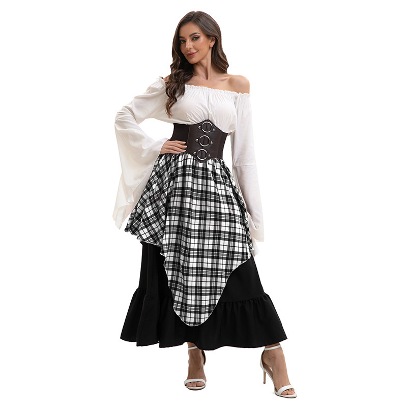 Top blanco con cintura ceñida y falda midi blanca y negra.