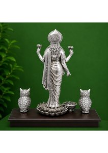 Silver Plated Goddess Lakshmi Idol with Owl Hindu Religious Statue for Diwali Puja Home Temple Decor Gifting Festival Item - Product Image 3