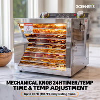 Voedseldroger met 10 trays, 450W, timer 0-24 uur, 30-90°C, SUS304 food grade trays 28x28 cm voor fruit, kruiden, thee en voedsel.