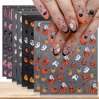 Stiker Kuku 3D Halloween Perekat Sendiri Motif Labu Hantu Kelelawar Jaring Laba-laba Vinyl Tahan Air DIY Seni Kuku